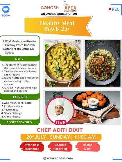 My Healthy Meal Bowls 2.0 workshop focuses on hearty Italian dishes. Learn to make Wild Mushroom Risotto, Creamy Pesto Gnocchi, and Arancini with Arrabbiata Sauce.