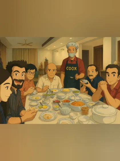 This illustration captures the feeling I want to create: a warm, happy family meal where a professional chef handles the food, allowing everyone to connect.