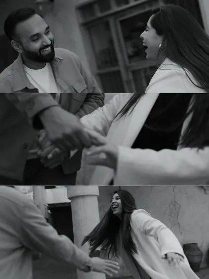 A black and white collage capturing pure, uninhibited laughter. These shots from Dubai are all about the joy and fun of the moment, showcasing the couple's playful side.