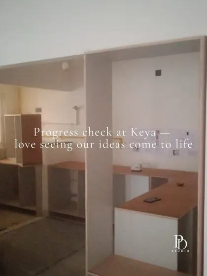 A progress check at our Keya project site. It's always exciting to see the bare bones of our designs, like the kitchen cabinetry framework, start to take shape and come to life.