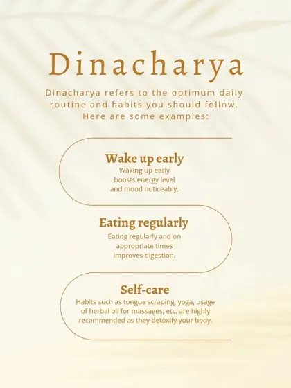 Dinacharya is the Ayurvedic concept of an optimal daily routine. Simple habits like waking up early to boost energy, eating regularly to improve digestion, and practicing self-care like tongue scraping or oil massage are highly recommended to detoxify your body and maintain balance.