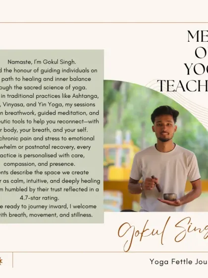 Meet Gokul, another of our wonderful instructors. He is known for his calm and intuitive approach, rooted in traditional practices like Ashtanga and Vinyasa. His sessions often include breathwork and sound healing to support recovery from chronic pain and stress.