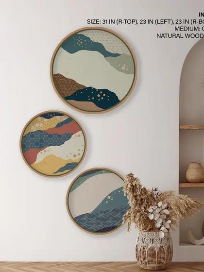 This set of three circular prints is inspired by traditional Japanese ornamental patterns. The rich colors and intricate designs add a touch of global culture and artistic flair to your home.