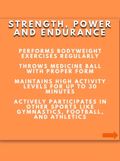 Strength, power, and endurance are developed through age-appropriate exercises like bodyweight movements and medicine ball throws. We also encourage participation in other sports to build overall athleticism.