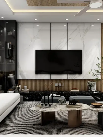 This living room design emphasizes texture and light, with a marble-clad TV wall, vertical wooden slats, and integrated display shelving. The layout is designed to be open and inviting, perfect for both relaxation and social gatherings.