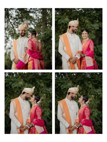 A four-photo collage of a couple's post-wedding portraits, showing their romantic and playful interactions.