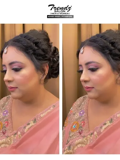 A diptych showing the side profile of this soft glam look. The pink eyeshadow and elegant braided updo are perfect for a daytime party or festive gathering.