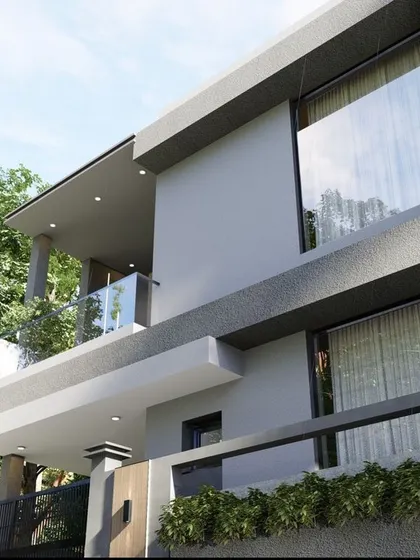 A close-up view of a proposed home design, highlighting the clean lines and large windows. The glass balcony railing and simple color scheme contribute to its modern and airy feel.