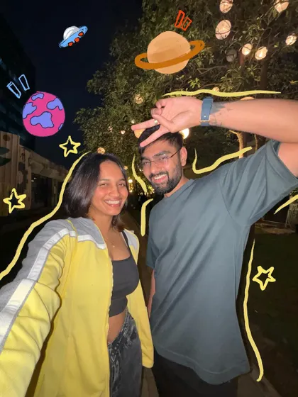 A fun night out with my boyfriend, with space-themed doodles for a cosmic touch.