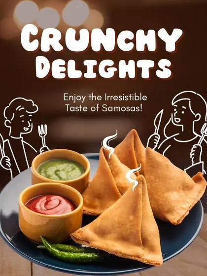 Sometimes, you just crave a classic. This graphic celebrates the irresistible taste of a hot, crispy samosa served with mint and tamarind chutneys. I make sure my samosas have the perfect filling and a crunchy, non-greasy crust.