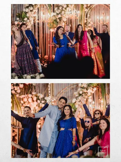 A collage showing the couple celebrating with their friends on the dance floor. These images are full of energy, fun, and friendship.