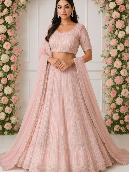 Soft, elegant, and romantic. This pastel pink lehenga with delicate beadwork is a gorgeous choice for bridesmaids, sangeet functions, or even a daytime wedding. It photographs beautifully in natural light.