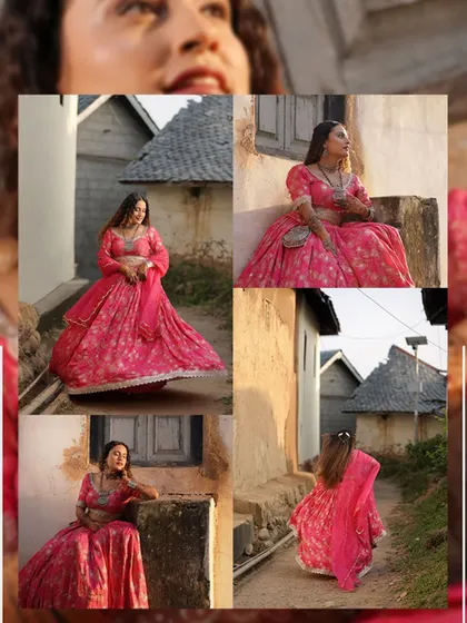 A collage of the bride in a traditional village setting for her Mehandi photoshoot. The images tell a story of heritage and beauty.