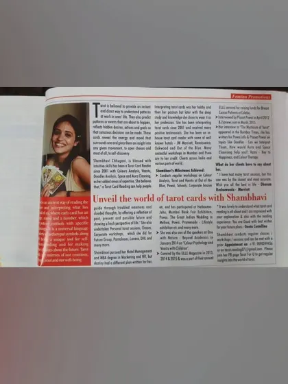 A magazine feature titled "Unveil the world of tarot cards with Shambhavi". This article discusses my journey, my skills in Tarot, Vastu, and Numerology, and some of the milestones I have achieved.