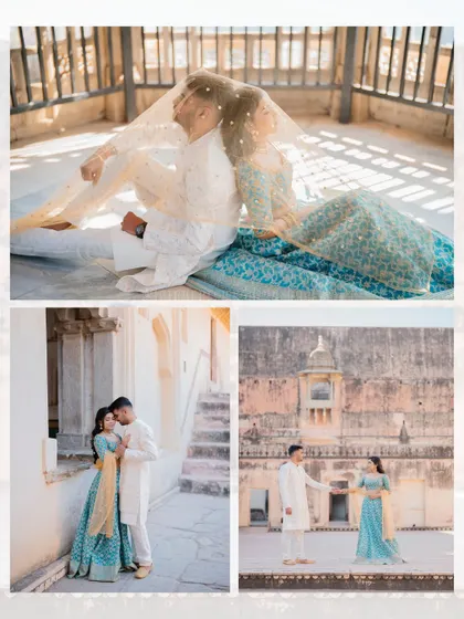 Praveen and Chaithra's romantic moments at Amer Fort, including a beautiful shot with a sheer veil, creating a soft and dreamy effect.
