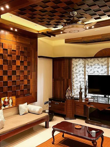 We have a deep appreciation for woodwork, and this living room is a prime example. The feature wall and ceiling are crafted from wood blocks in a complex checkerboard pattern, creating a stunning visual texture that is both artistic and architectural.