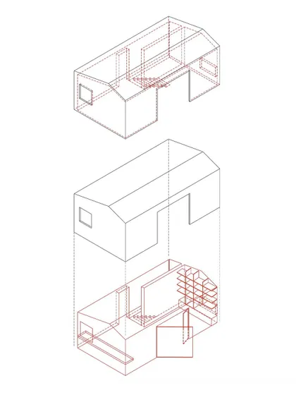 An isometric drawing exploring the spatial composition of a small structure. These abstract diagrams are a key part of our process for thinking about form and volume.