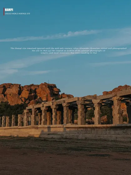 A series of images presented as pages from a travel magazine, each with a text overlay explaining Hampi's history. These photos capture various ruins, including temple tanks, stone pillars, and mandapas, telling the story of the lost empire.