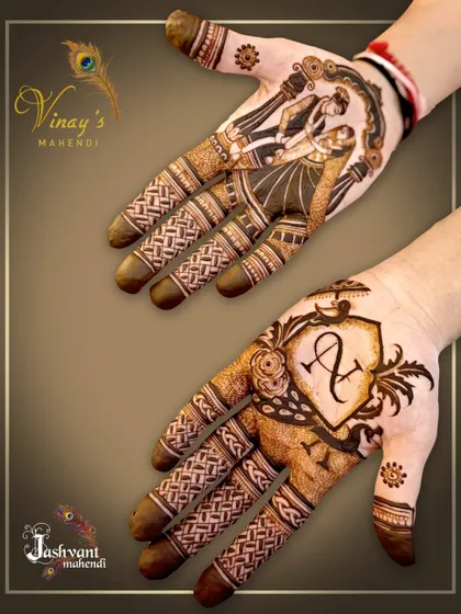 A groom's mehndi set featuring a dancing couple on one hand and his initial 'A' in a crest on the other.