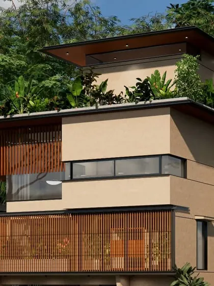 This view of the 18th Avenue House showcases the interplay of solid volumes and semi-permeable screens, a key strategy in our tropical modernist designs.