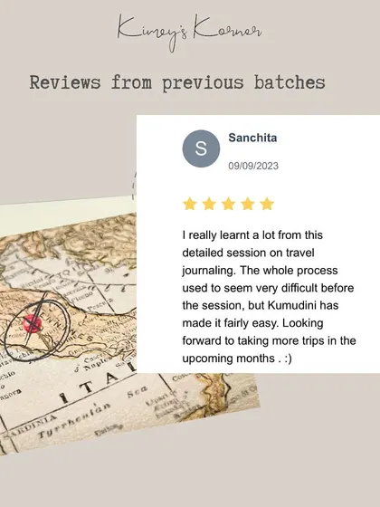 A review from my travel journaling workshop. I focus on making the process feel simple and not overwhelming, so you can look forward to documenting your trips.
