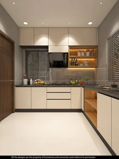 This kitchen combines off-white cabinets with open wooden shelves, offering a blend of concealed storage and decorative display space. The under-shelf lighting highlights the items on display.