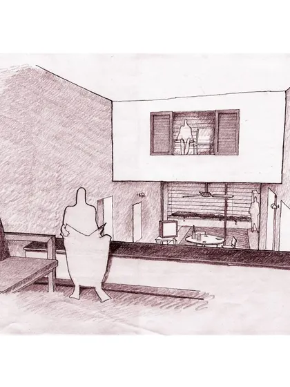 An early hand sketch exploring the interior of a split-level unit. Sketching is a critical part of our process for thinking through spatial relationships and human experience.