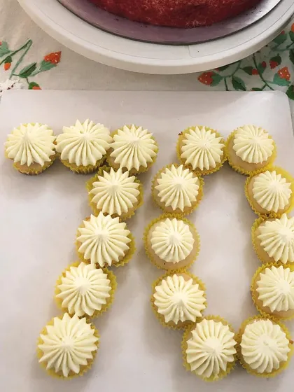 These mini lime cupcakes were arranged to celebrate a special 70th birthday! Bite-sized treats are a wonderful way to mark any milestone, and I can customize them with any number or theme.