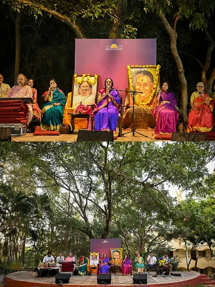 A collage showing the stage setup and the audience at a satsang celebrating Vishalakshi Amma's birthday. These gatherings are filled with love, gratitude, and beautiful music.