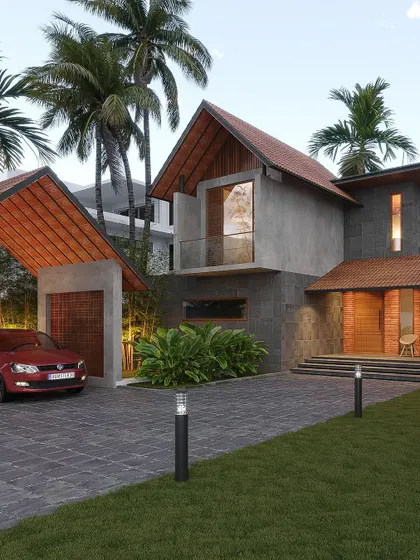 This design features a dramatic, angled roof over the carport, echoing the main roofline of the house.