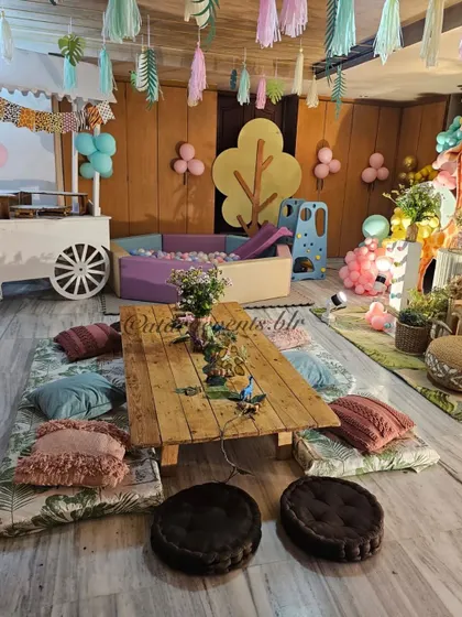 The play area is a key feature, with a safe and fun ball pit and slide combination, surrounded by themed decor like a prop tree and low seating with comfy cushions.