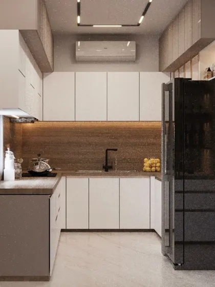 This U-shaped kitchen maximizes counter space and efficiency. The combination of white upper cabinets and a wood-textured backsplash creates a bright and warm environment.