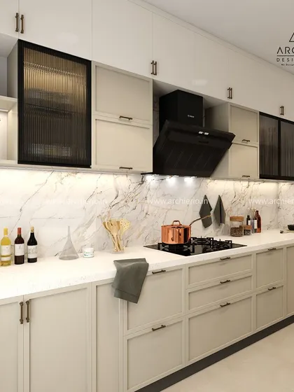 This elegant kitchen features off-white shaker-style cabinets and a white marble backsplash. The design is timeless, with fluted glass doors and smart storage solutions.