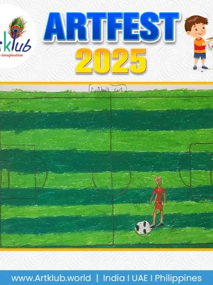 A minimalist yet effective drawing of a football player on a striped green field. This junior artist focused on the core elements of the game.