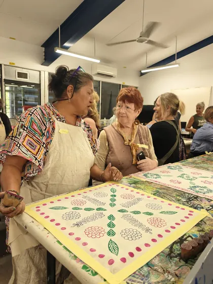 Our collaborative exhibit, 'Karri-djarrk-durrkmiri,' in Darwin, Australia. Here, artists from Tharangini and the Bábbarra Women's Centre conduct a joint block printing and lino printing workshop.
