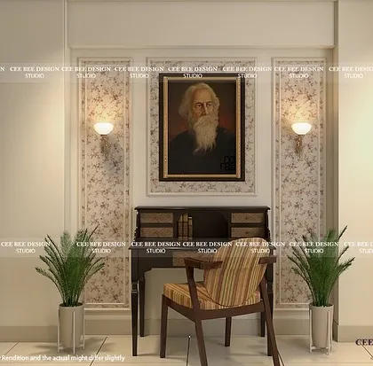 This is a 3D rendering of a reading nook inspired by Rabindranath Tagore. This visualization is a crucial step in my process, as it allows clients to see exactly how the final space will look and feel before we begin execution.