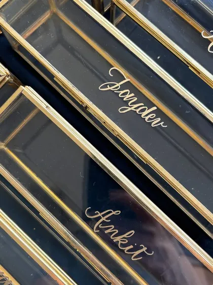 A true classic. I sent out over 50 of these hand engraved scroll boxes to Gurgaon, each personalized with a name. Inside, a scroll with a note of appreciation made it a truly special corporate gift.