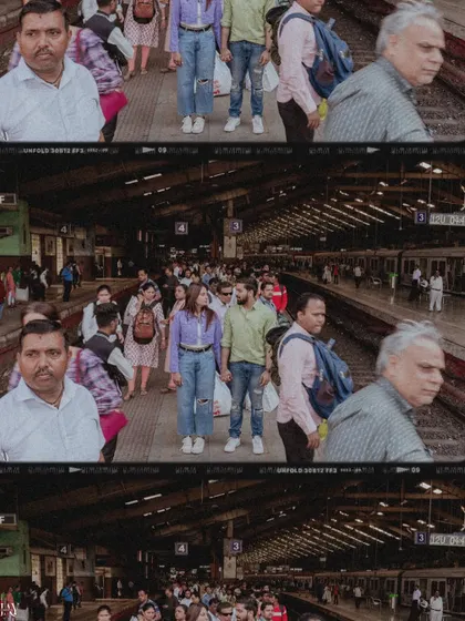 A collage showing the couple standing calmly amidst the chaos of a crowded Mumbai railway platform.