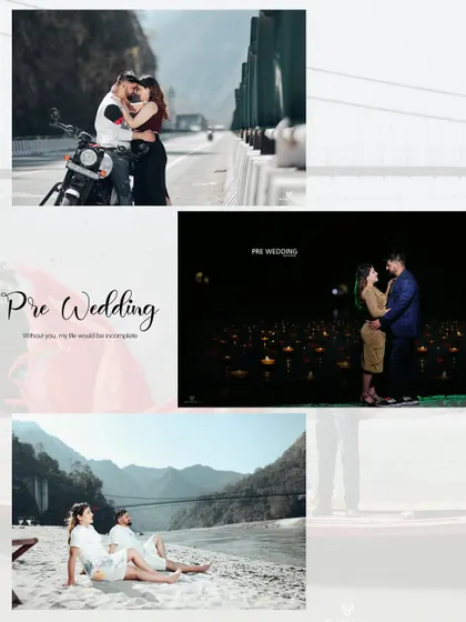A soft and romantic album page collage, blending different themes like a bike shoot, a night shoot, and a beach session.