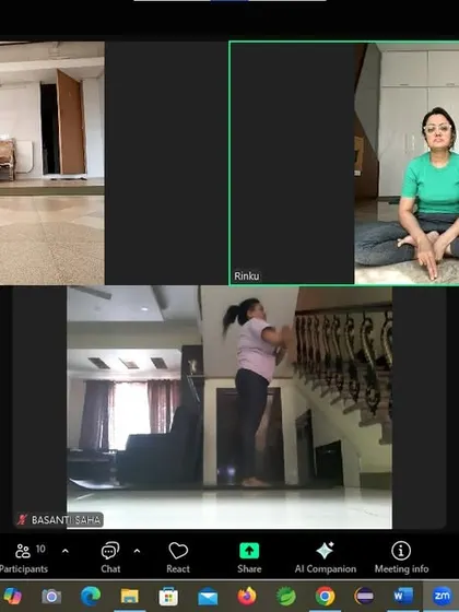 This screenshot shows participants practicing dynamic movements during our weight management workshop. These exercises are designed to increase heart rate and build heat in the body, which aids in burning calories and improving cardiovascular health.