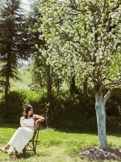 A serene moment in a Manali apple orchard, with the bride sitting peacefully under a blossoming tree.