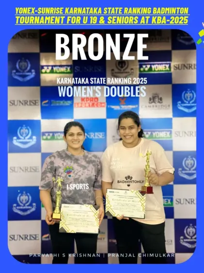 Our players Parvashi S Krishnan and Pranjal Chimulkar with their Bronze medals for Women's Doubles at the Yonex-Sunrise State Ranking Tournament.