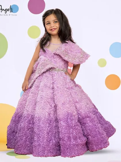 A full view of the purple fur textured gown, a true statement piece for a budding fashionista.
