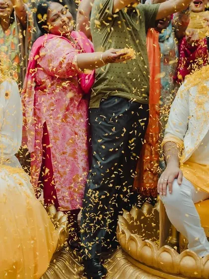 A shower of blessings and petals for the happy couple during their Haldi. I ensure these key moments are framed beautifully for timeless photographs.