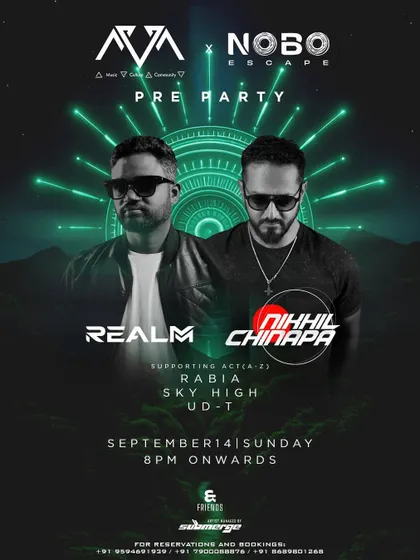 The official poster for the pre-party with Nikhil Chinapa, showcasing our collaboration as the main draw for the event.