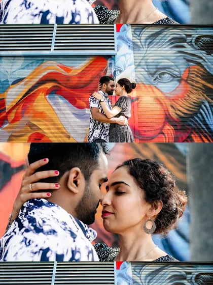A collage showcasing the couple's interactions in front of a colorful mural.