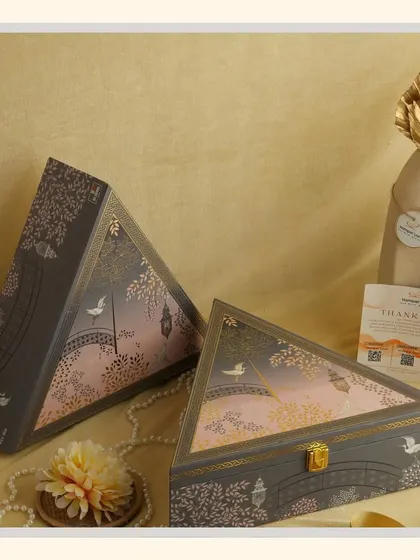 Two "Grey Delight" triangular boxes, showing how they can be presented as a pair or as individual gifts.