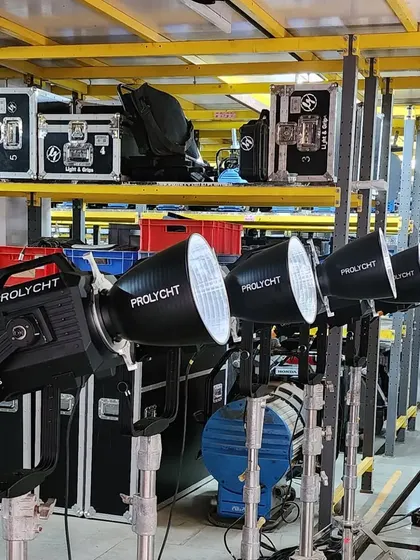 The Prolycht Orion 675 FS, one of the newest additions to our inventory. This full-spectrum RGBACL beast comes with a fresnel lens, barndoors, and a parabolic softbox, making it a complete, versatile package.