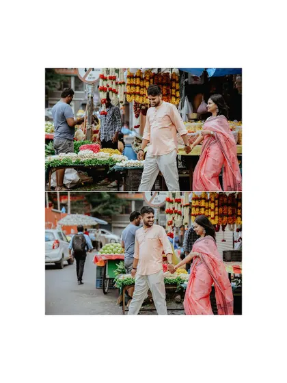 A diptych capturing a couple's romantic walk through a bustling Indian flower market, finding their own world amidst the crowd.