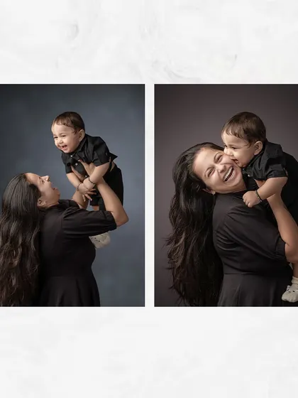 A collage of a mother's love. From playful lifts to gentle kisses, these two photos beautifully capture the dynamic and tender bond between a mother and her son.